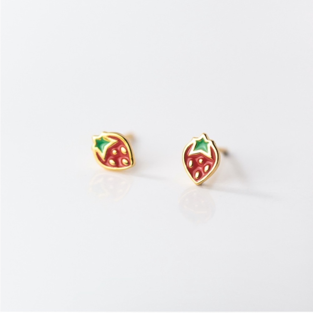 Gold Sterling Silver Strawberry Dainty Minimalist Stud Post Earrings - Picture 4 of 5